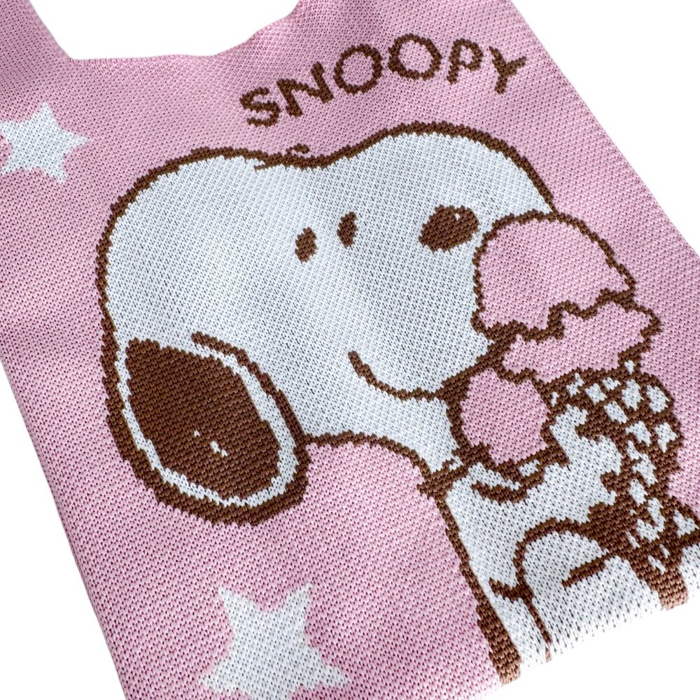 Peanuts Snoopy Loves Ice Cream Knitted Baggu Pink Mini Tote - Picture 4 of 6